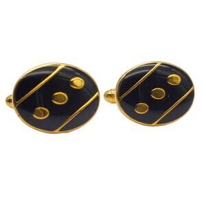 Oval Black Enamel Cufflinks Gold Tone Dot Stripe Deco Retro Vintage Mens Jewelry